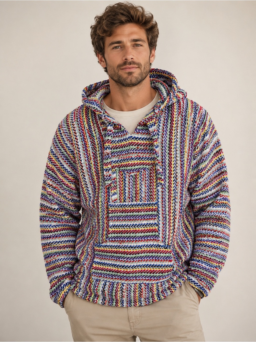 Mens Large Rainbow Baja Hoodie Woven Blanket Pullover Boho Surf Hippie Vintage